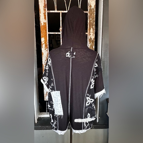 POL Mixed Lace Patchwork Hoodie Top Black Boho Oversized Size Small - Picture 8 of 12